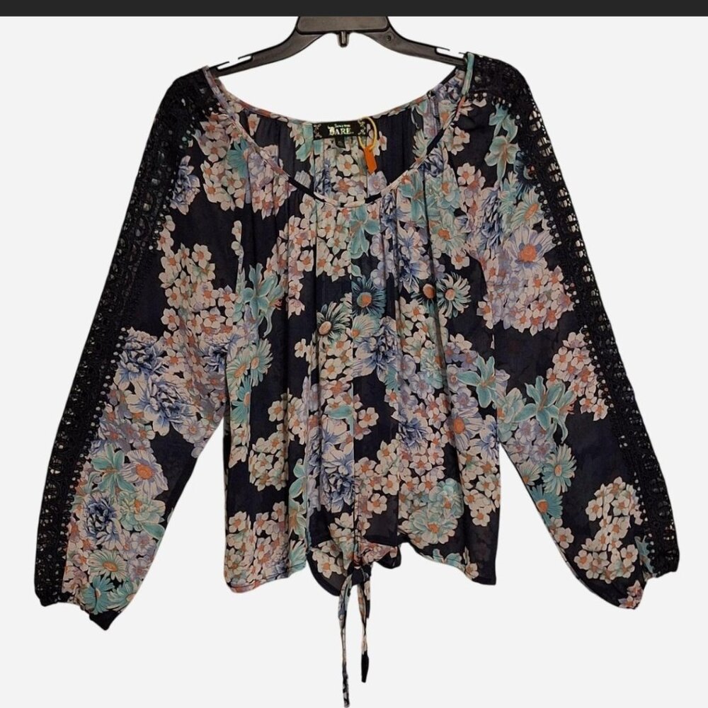 Women's size L, cropped blouse long sleeves, navy and floral print.